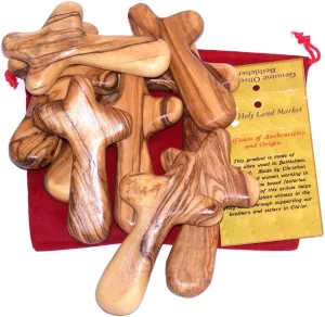 10 Olive Wood Holding Hand Crosses with Gift Bags (With Red or Black Velvet Bag ) From Bethlehem