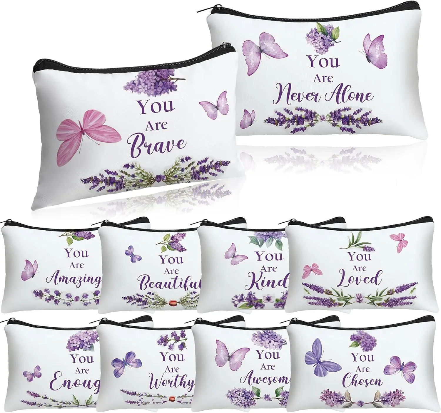 10 Pcs Mothers Day Gifts Bulk for Church Women's Christian Gift Purple Butterfly Lavender Religious Bible Makeup Bag Inspirational Toiletry Cosmetic Bag for Mom Teacher(White)
