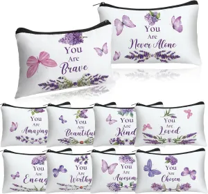 10 Pcs Mothers Day Gifts Bulk for Church Women's Christian Gift Purple Butterfly Lavender Religious Bible Makeup Bag Inspirational Toiletry Cosmetic Bag for Mom Teacher(White)