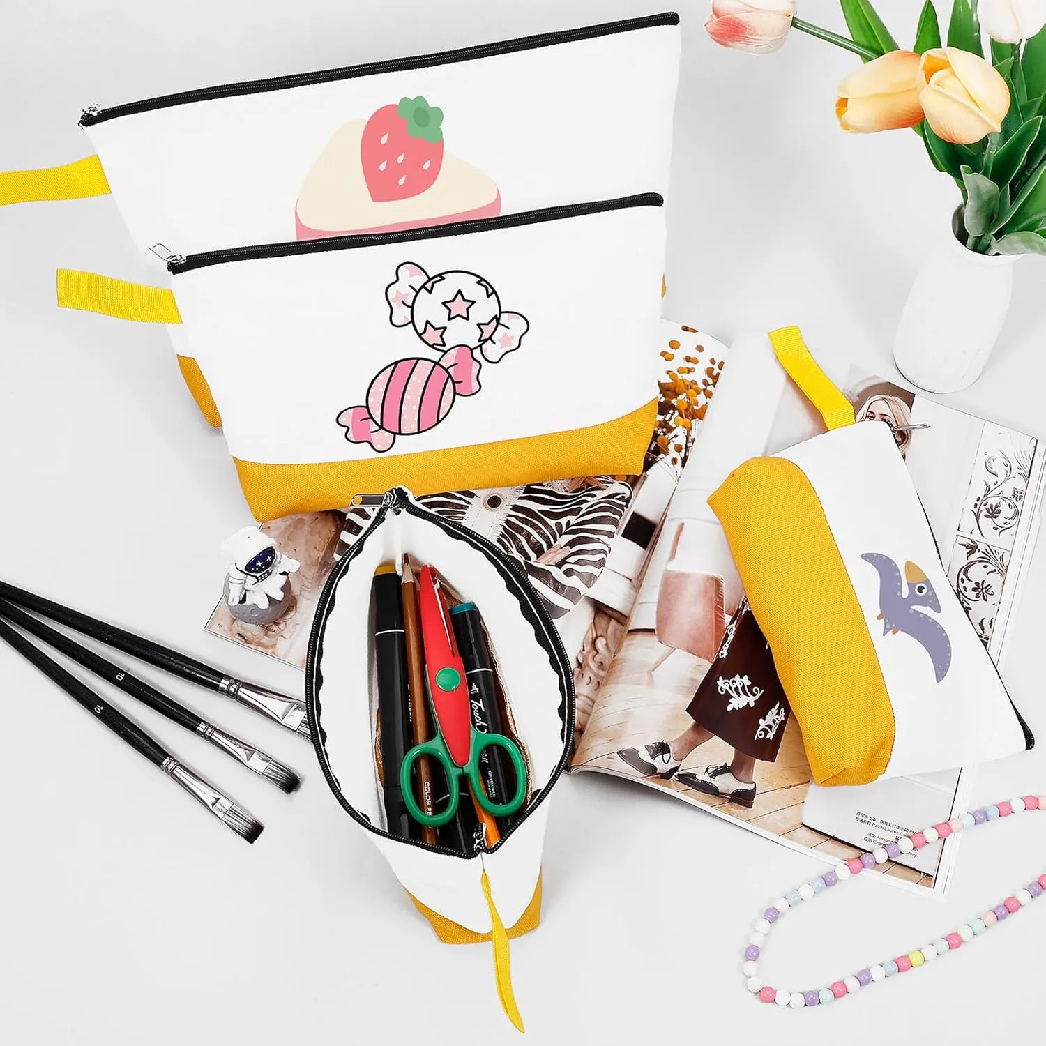 10 Pieces Cotton Canvas Makeup Bag with Bottom and Strap, Multi-Purpose Cosmetic Bag with Zipper Travel Toiletry Pouch, Blank DIY Craft Bag (White&Yellow, M)