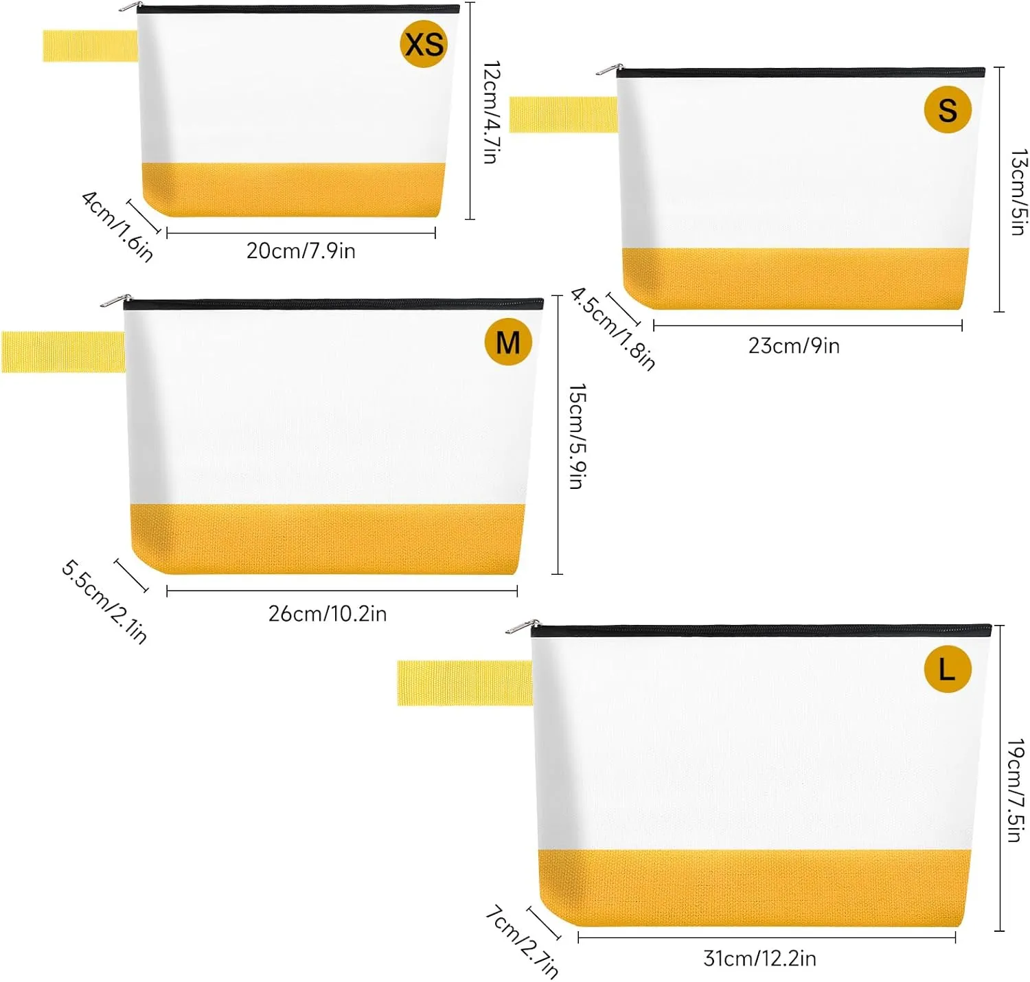 10 Pieces Cotton Canvas Makeup Bag with Bottom and Strap, Multi-Purpose Cosmetic Bag with Zipper Travel Toiletry Pouch, Blank DIY Craft Bag (White&Yellow, M)