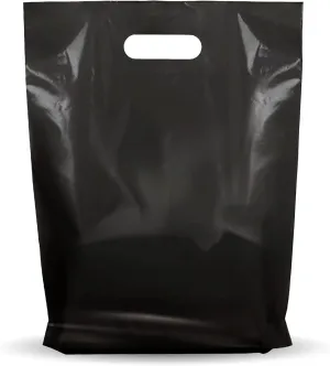 100 Pack 9" x 12" with 1.25 mil Thick Black Merchandise Plastic Glossy Retail Bags | Die Cut Handles | Perfect for Shopping, Party Favors, Birthdays, Children Parties | Color Black | 100% Recyclable