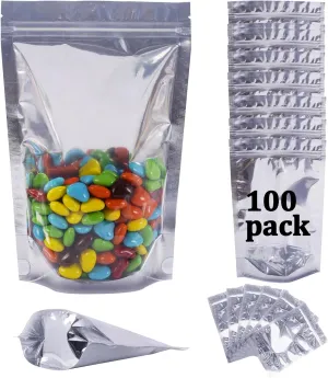 100 Pack Mylar Bags for Food Storage Resealable Aluminum Foil Clear Stand Up Pouch with Front Window 7.87×11.81 Inch Reusable Zipper Lock Food Packaging Heat Seal Bags for Small Business and Home