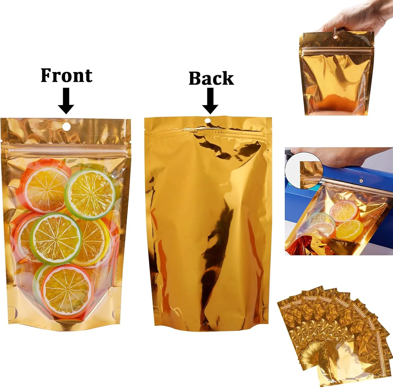 100 Pack Mylar Bags for Food Storage Resealable Aluminum Foil Stand Up Pouch with Window & Hang Hole 5.11×7.87 Inch Reusable Zipper Lock Food Packaging Heat Seal Bags for Small Business & Home - Gold