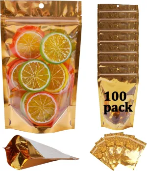 100 Pack Mylar Bags for Food Storage Resealable Aluminum Foil Stand Up Pouch with Window & Hang Hole 5.11×7.87 Inch Reusable Zipper Lock Food Packaging Heat Seal Bags for Small Business & Home - Gold