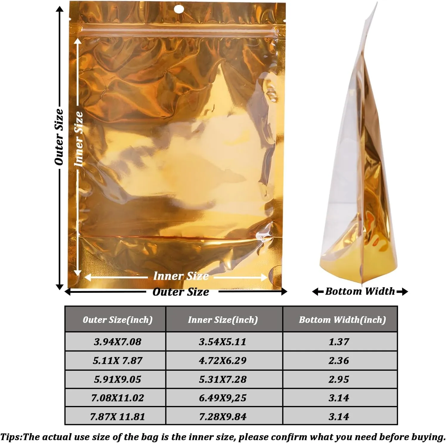 100 Pack Mylar Bags for Food Storage Resealable Aluminum Foil Stand Up Pouch with Window & Hang Hole 5.11×7.87 Inch Reusable Zipper Lock Food Packaging Heat Seal Bags for Small Business & Home - Gold