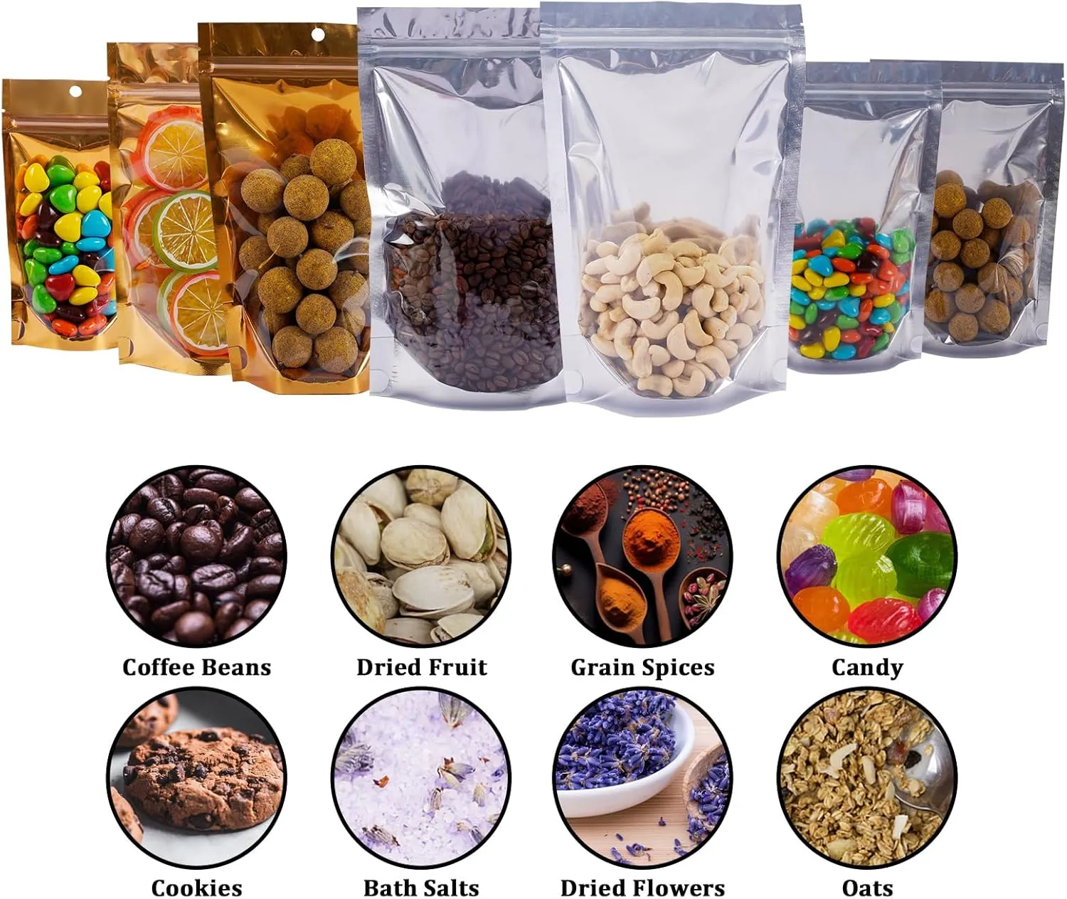 100 Pack Mylar Bags for Food Storage Resealable Aluminum Foil Stand Up Pouch with Window & Hang Hole 5.11×7.87 Inch Reusable Zipper Lock Food Packaging Heat Seal Bags for Small Business & Home - Gold