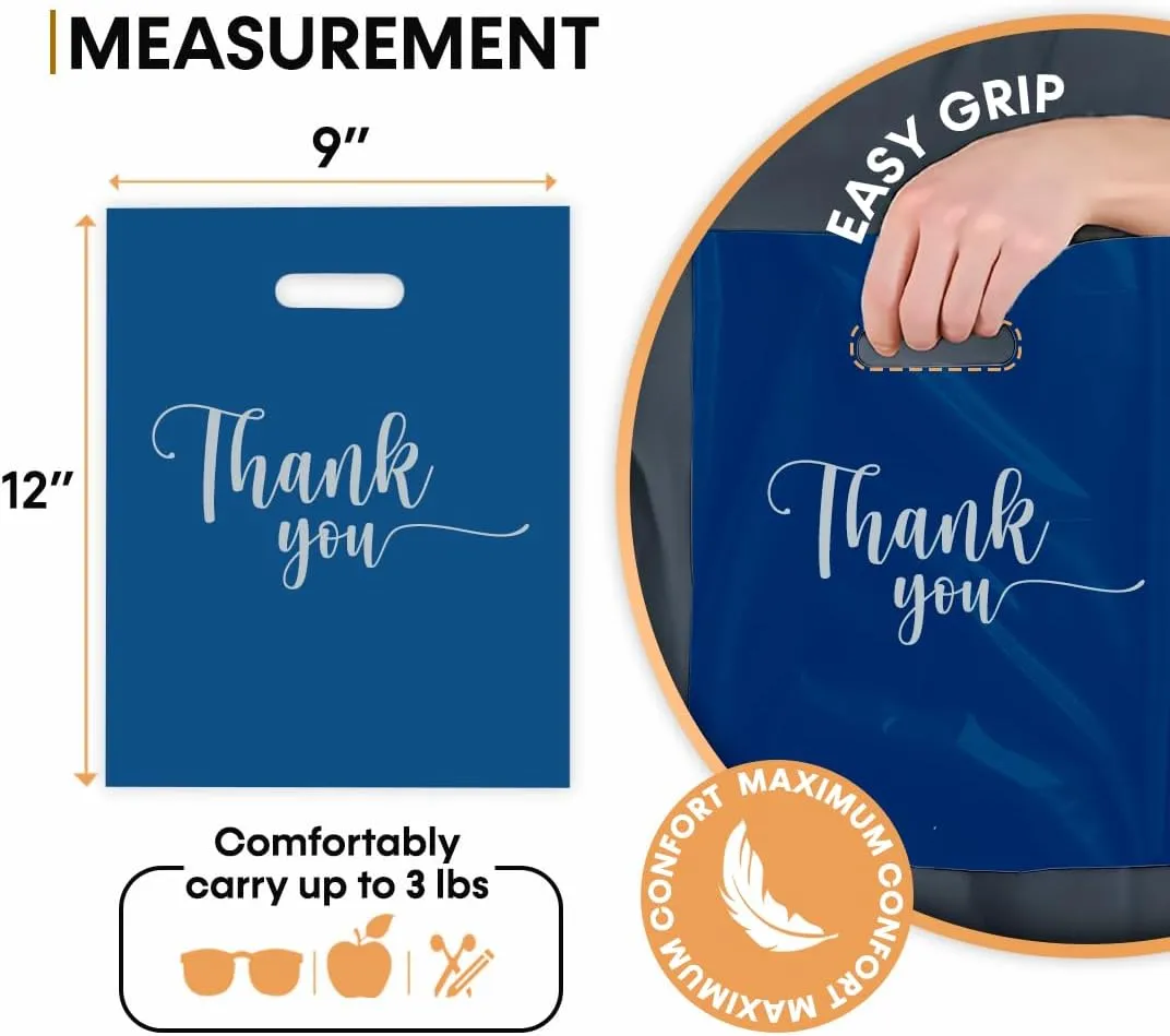 100 Thank You Merchandise Bags, 9"x12", 12"x15", 15"x18" 1.25 Mil. (Blue Navy, 9x12)