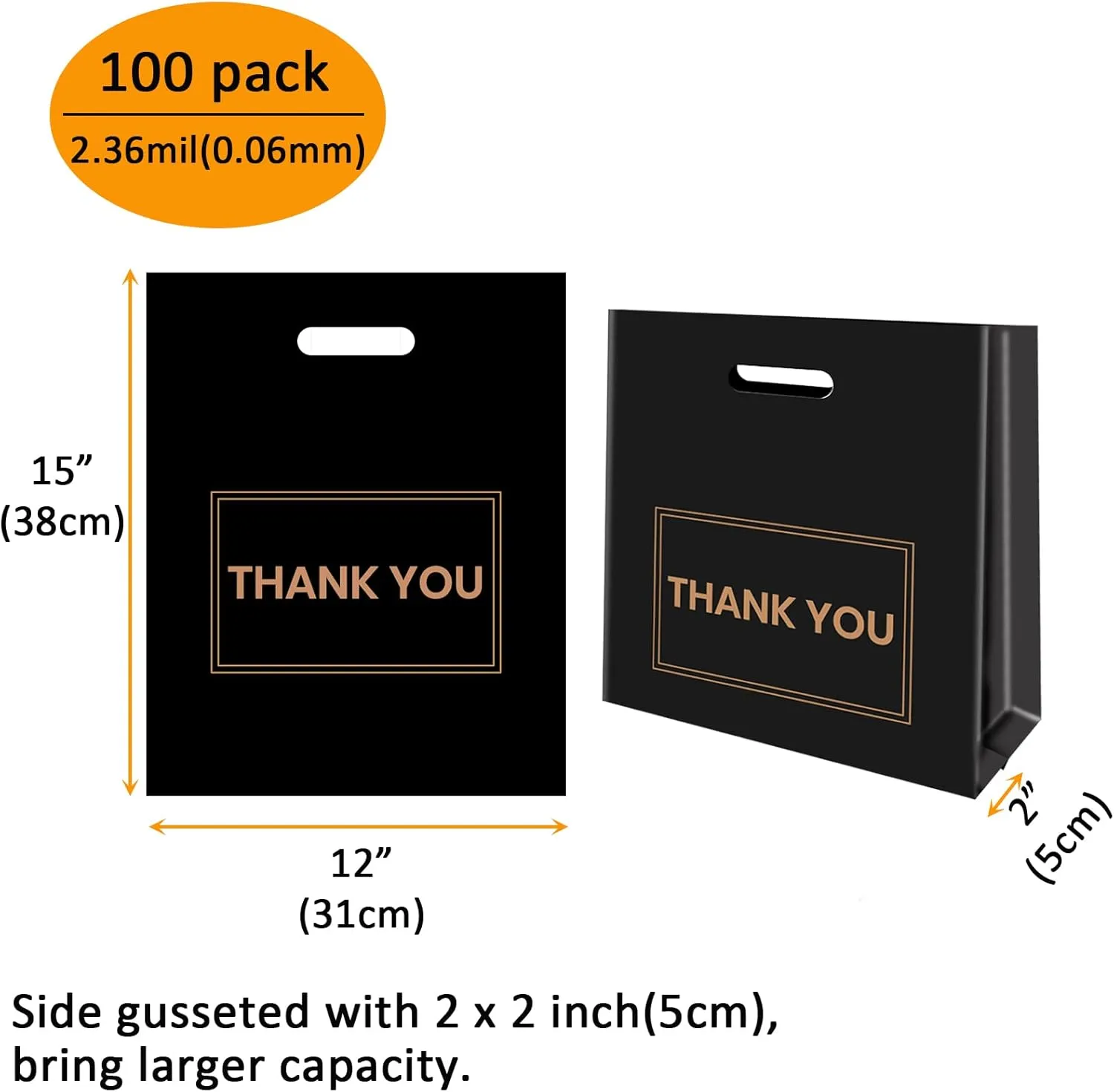100Pcs 12x15 Inch Thank You Bags for Small Business Plastic Retail Shopping Bags for Stores, Boutique, Party, Gift, Clothes, and More Reusable Plastic Thank You Bags (Black, 2.36mil Thickness)