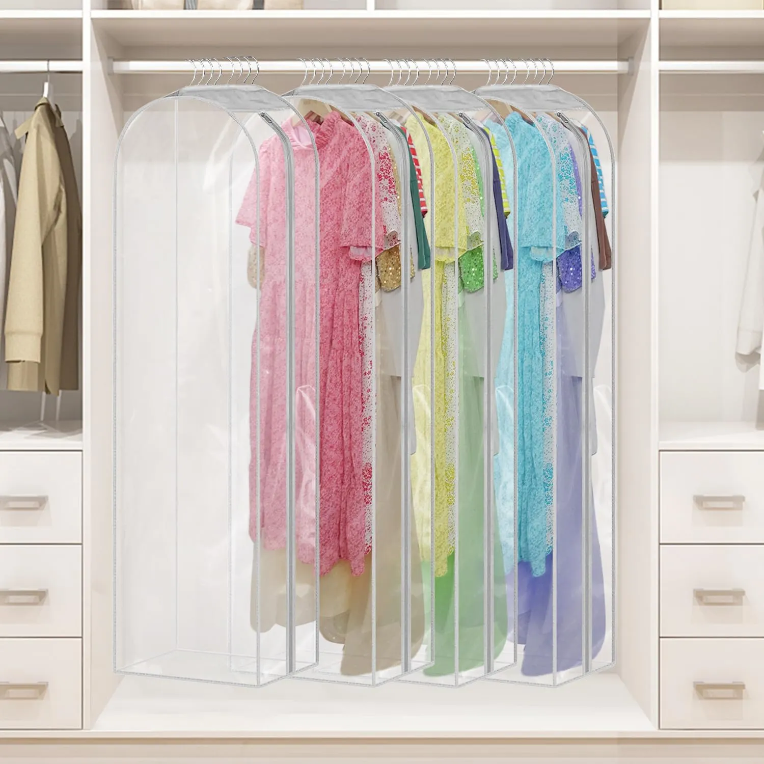 10" Gusseted All Clear Garment Bags for Hanging Clothes 4 Pack 60" Dress Bags for Gowns Long Hanging Clothes Bag for Closet Dress Cover for Coats