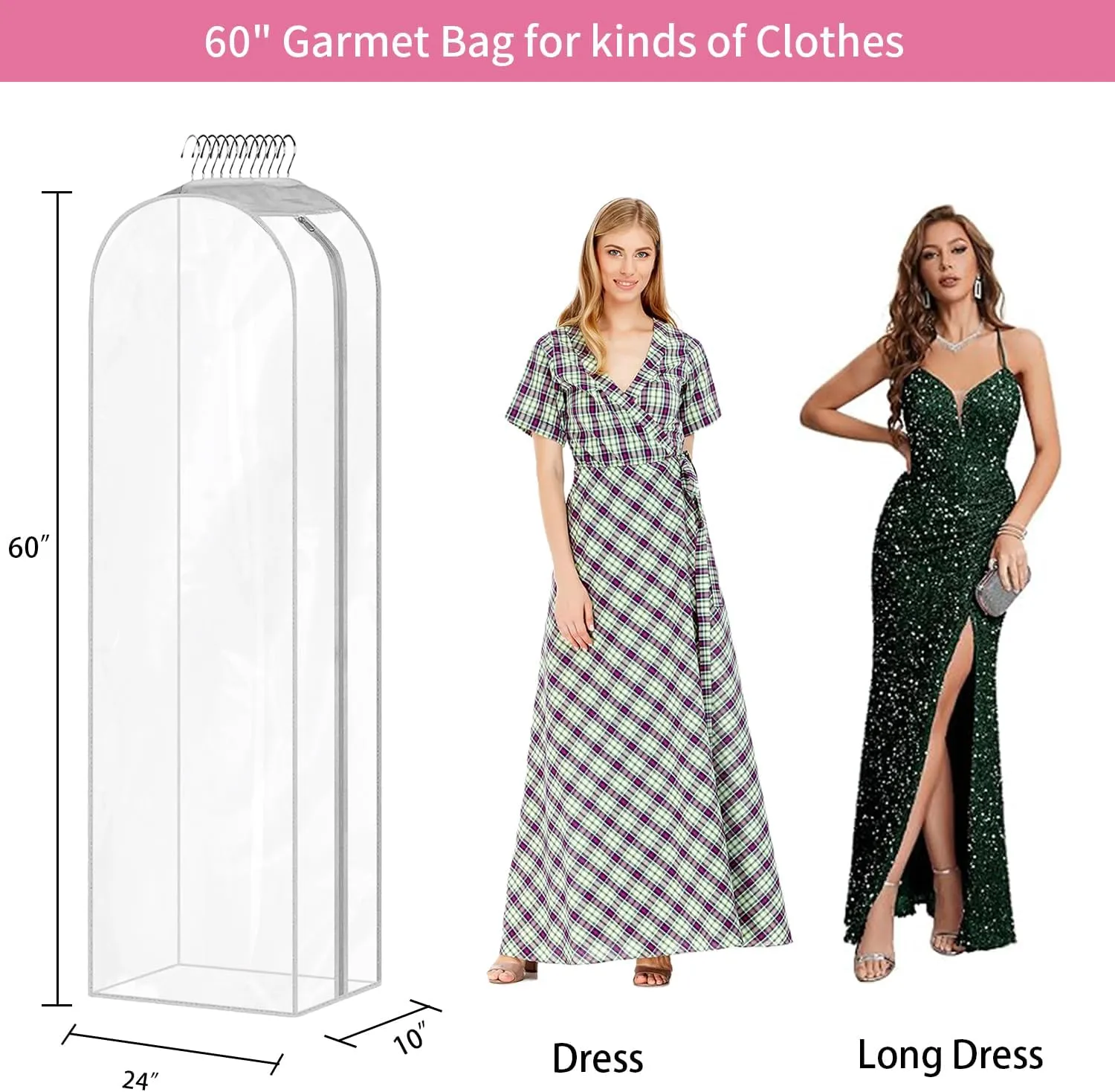 10" Gusseted All Clear Garment Bags for Hanging Clothes 4 Pack 60" Dress Bags for Gowns Long Hanging Clothes Bag for Closet Dress Cover for Coats