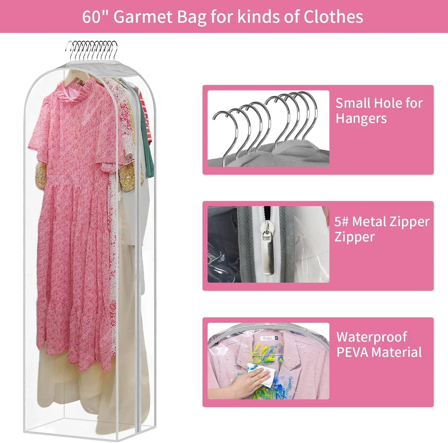 10" Gusseted All Clear Garment Bags for Hanging Clothes 4 Pack 60" Dress Bags for Gowns Long Hanging Clothes Bag for Closet Dress Cover for Coats