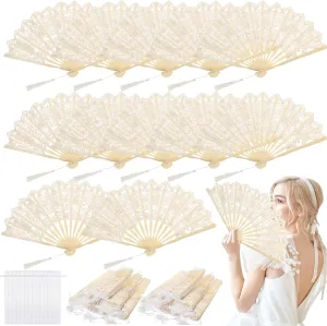 12 Pcs Cotton Lace Folding Handheld Fan Embroidered Bridal Hand Fan with Bamboo Staves and Silk Tassels Vintage Retro for Women Wedding Party Favor Costume Dancing Party (Beige)