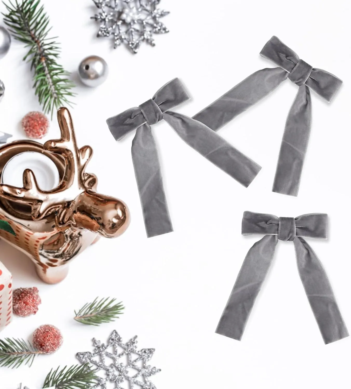 12 Pcs Velvet Bows with Twist Tie 3.5 Inch Pre-Tied Vintage Christmas Velvet Ribbon Bows for Treat Bags Gift Wrapping Basket Wedding Baby Shower Brithday Party (Grey, 3.5Inch)