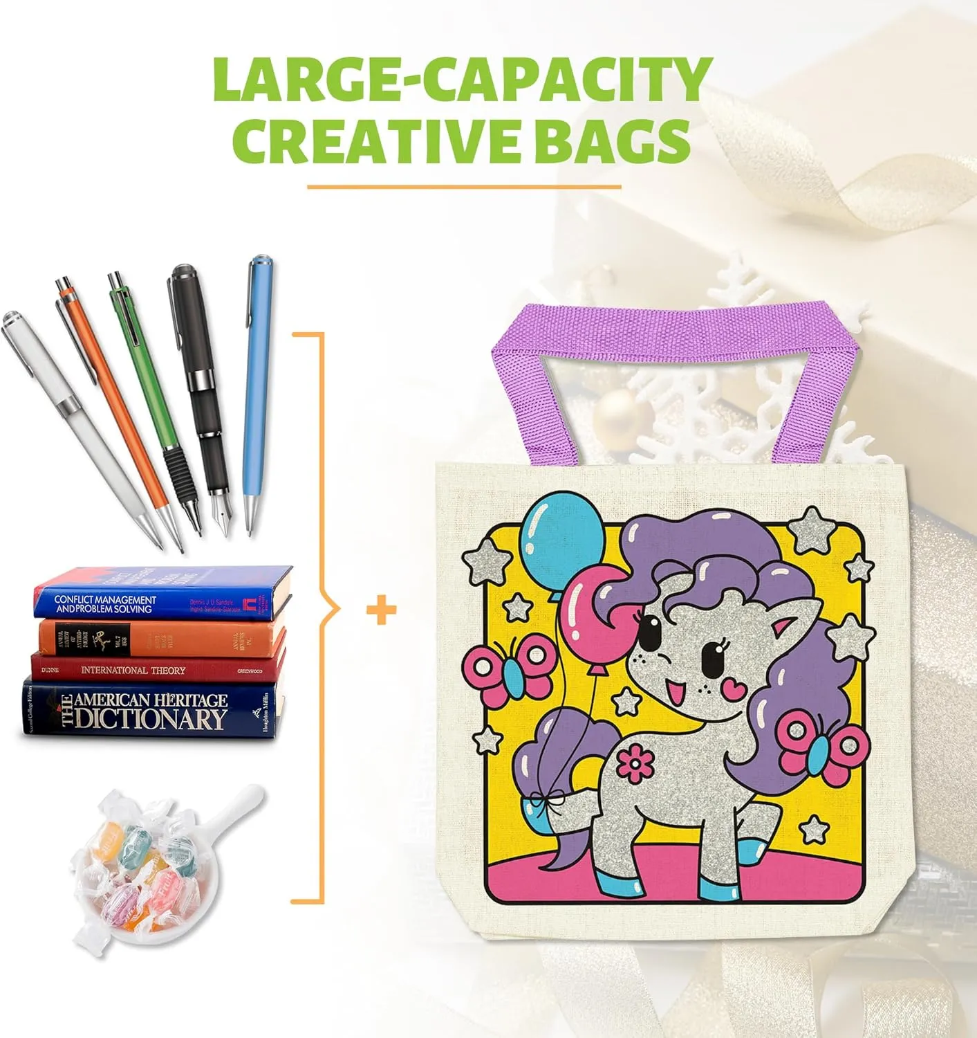 12 Pieces Kids Coloring Goodie Bags, Reusable Canvas Bag, Cute Art Party Favors, Color Your Own Bags for DIY Painting Birthday Carnival Celebration, Party Supplies Gift, Girls