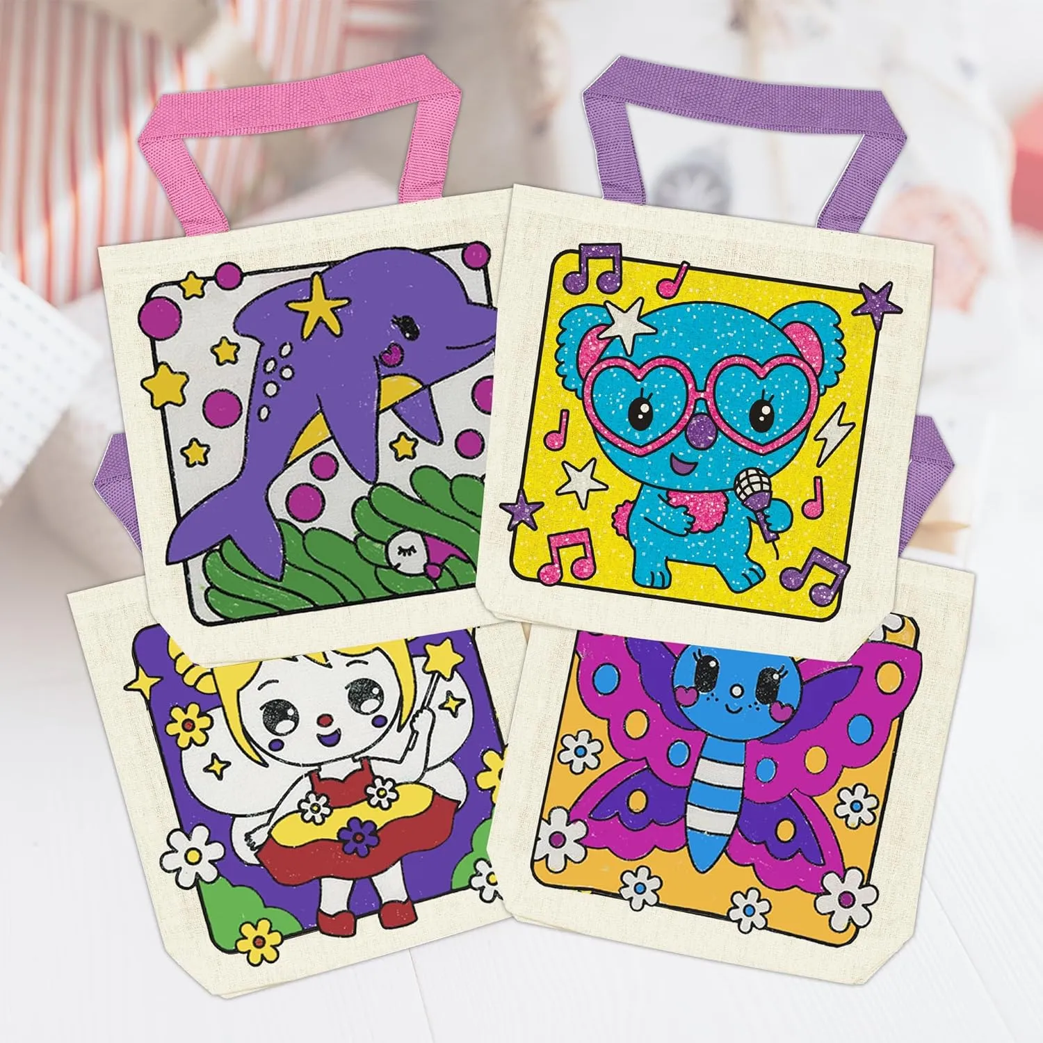 12 Pieces Kids Coloring Goodie Bags, Reusable Canvas Bag, Cute Art Party Favors, Color Your Own Bags for DIY Painting Birthday Carnival Celebration, Party Supplies Gift, Girls