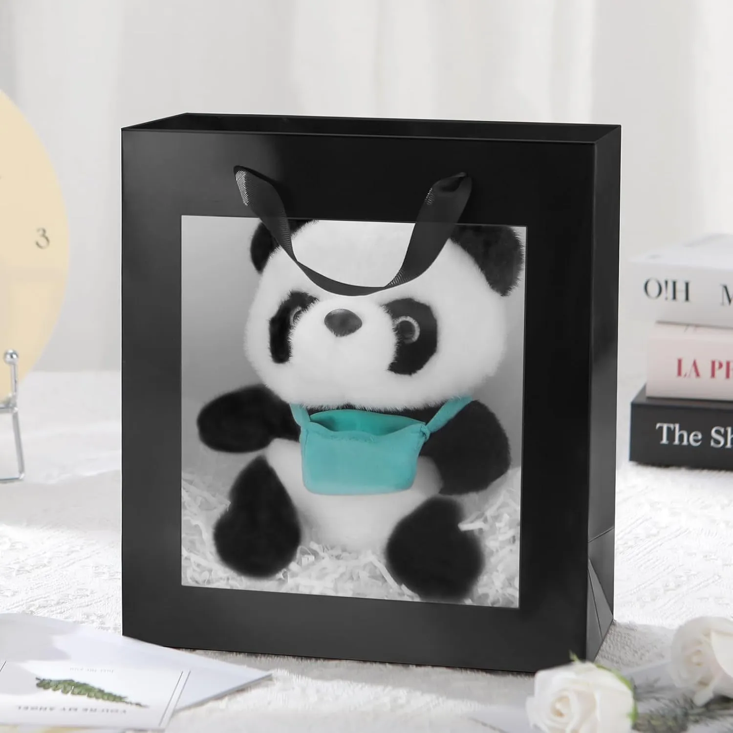 12pcs Black Gift Bags with Transparent Window, 10x4.5x11 Inches Large Gift Bags with Handles for Wedding Graduation Valentine's Day Mother's Day Festivals Party Present (Glossy Black)
