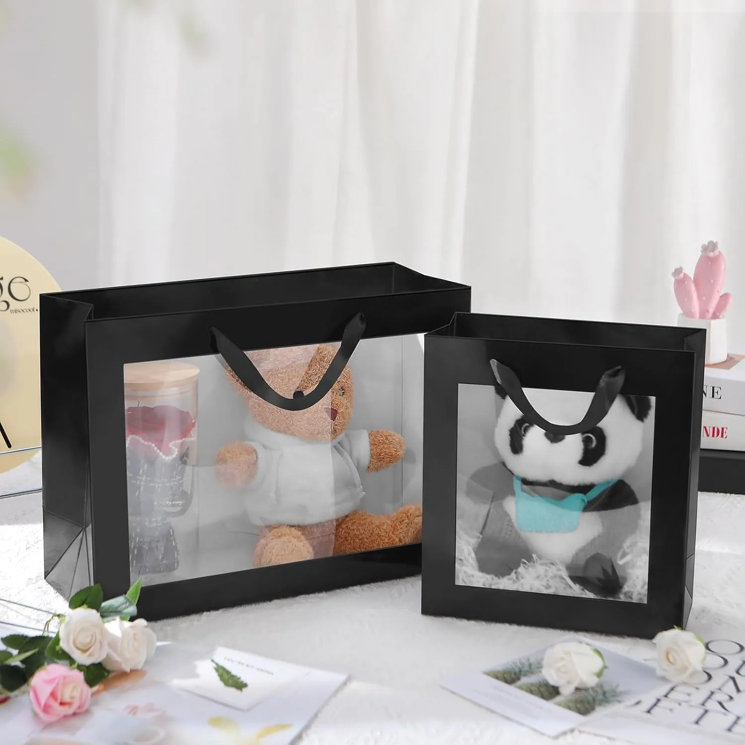 12pcs Black Gift Bags with Transparent Window, 10x4.5x11 Inches Large Gift Bags with Handles for Wedding Graduation Valentine's Day Mother's Day Festivals Party Present (Glossy Black)