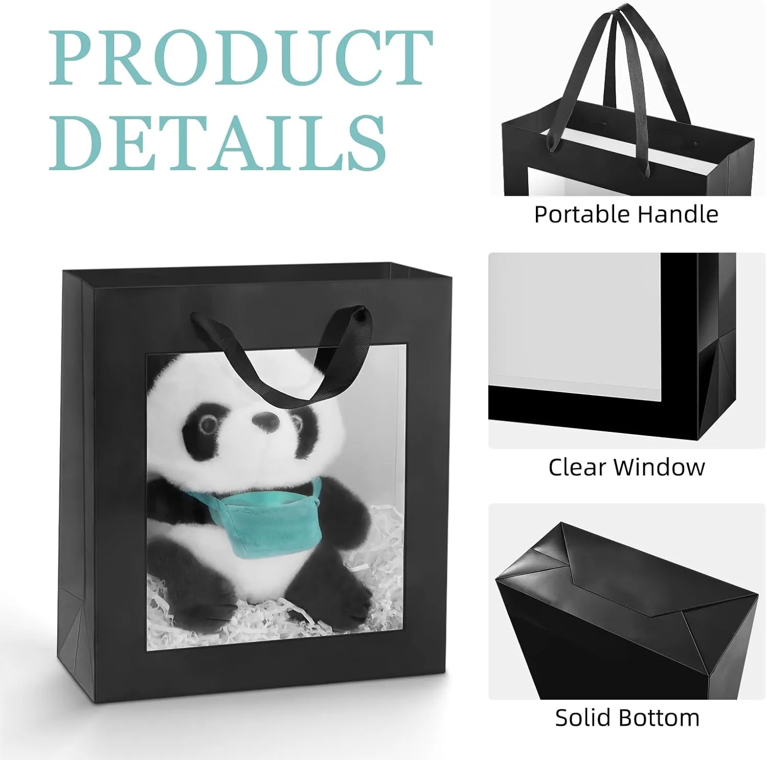 12pcs Black Gift Bags with Transparent Window, 10x4.5x11 Inches Large Gift Bags with Handles for Wedding Graduation Valentine's Day Mother's Day Festivals Party Present (Glossy Black)
