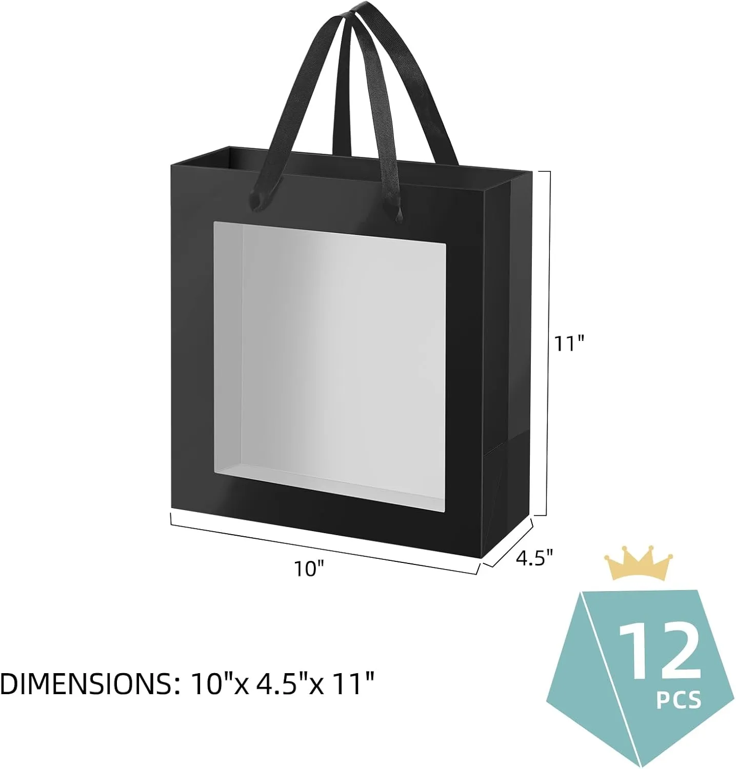 12pcs Black Gift Bags with Transparent Window, 10x4.5x11 Inches Large Gift Bags with Handles for Wedding Graduation Valentine's Day Mother's Day Festivals Party Present (Glossy Black)