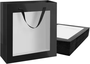 12pcs Black Gift Bags with Transparent Window, 10x4.5x11 Inches Large Gift Bags with Handles for Wedding Graduation Valentine's Day Mother's Day Festivals Party Present (Glossy Black)