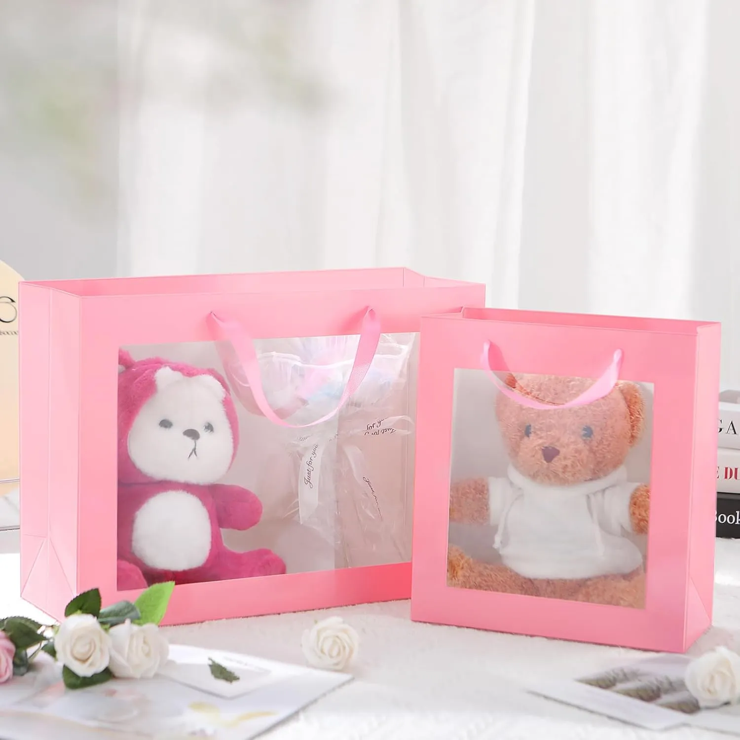12pcs Pink Gift Bags with Transparent Window, 10x4.5x11 Inches Large Gift Bags with Handles for Wedding Graduation Valentine's Day Mother's Day Festivals Party Present (Glossy Pink)