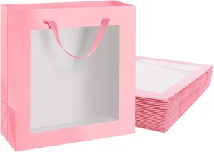12pcs Pink Gift Bags with Transparent Window, 10x4.5x11 Inches Large Gift Bags with Handles for Wedding Graduation Valentine's Day Mother's Day Festivals Party Present (Glossy Pink)