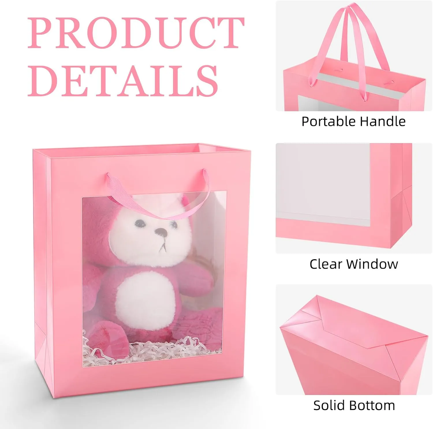 12pcs Pink Gift Bags with Transparent Window, 10x4.5x11 Inches Large Gift Bags with Handles for Wedding Graduation Valentine's Day Mother's Day Festivals Party Present (Glossy Pink)