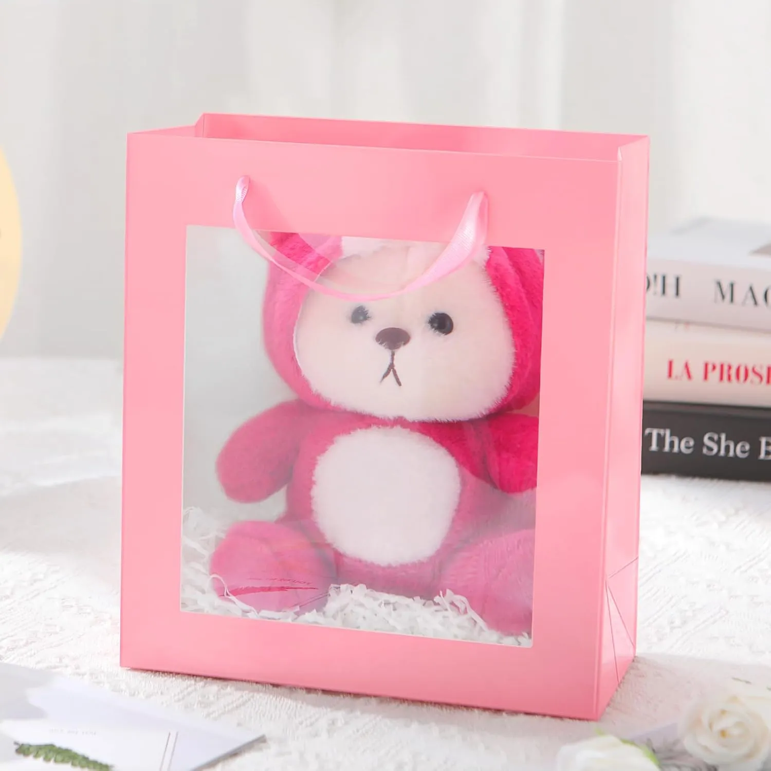 12pcs Pink Gift Bags with Transparent Window, 10x4.5x11 Inches Large Gift Bags with Handles for Wedding Graduation Valentine's Day Mother's Day Festivals Party Present (Glossy Pink)
