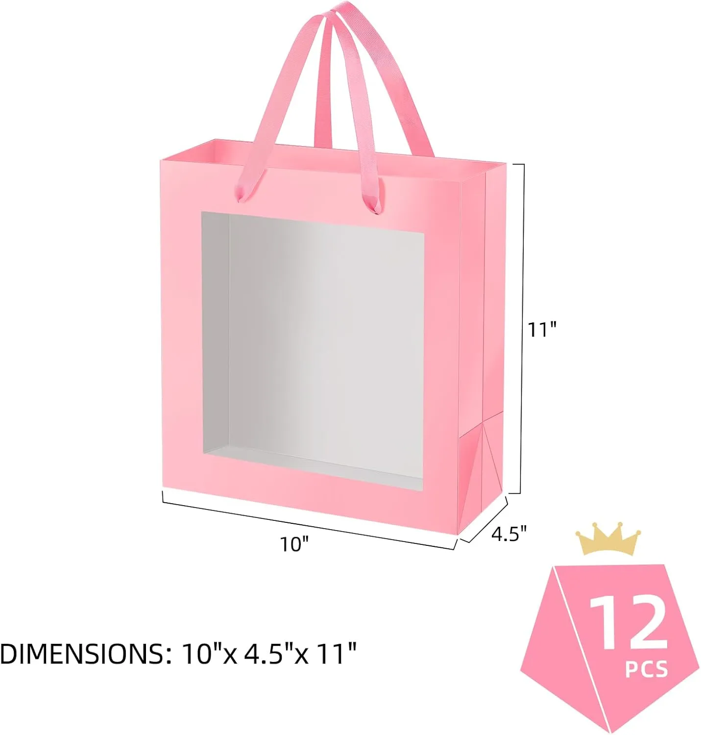 12pcs Pink Gift Bags with Transparent Window, 10x4.5x11 Inches Large Gift Bags with Handles for Wedding Graduation Valentine's Day Mother's Day Festivals Party Present (Glossy Pink)