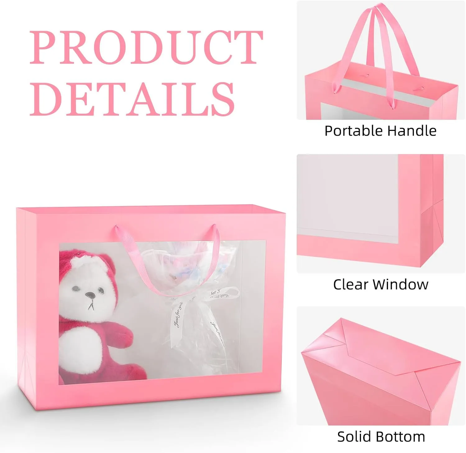 12pcs Pink Gift Bags with Transparent Window, 16x6x12 Inches Extra Large Gift Bags with Handles for Wedding Graduation Valentine's Day Mother's Day Festivals Party Present (Glossy Pink)
