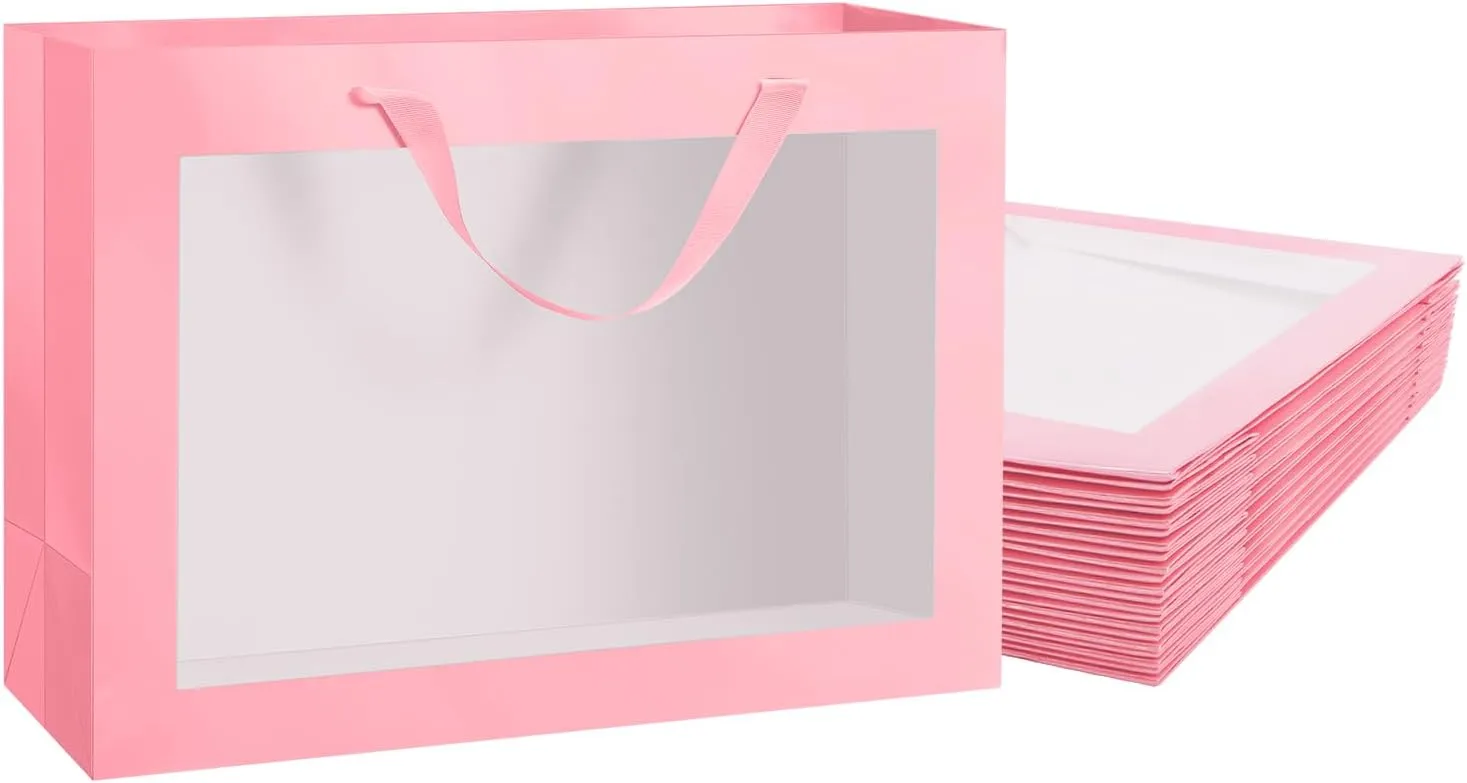 12pcs Pink Gift Bags with Transparent Window, 16x6x12 Inches Extra Large Gift Bags with Handles for Wedding Graduation Valentine's Day Mother's Day Festivals Party Present (Glossy Pink)