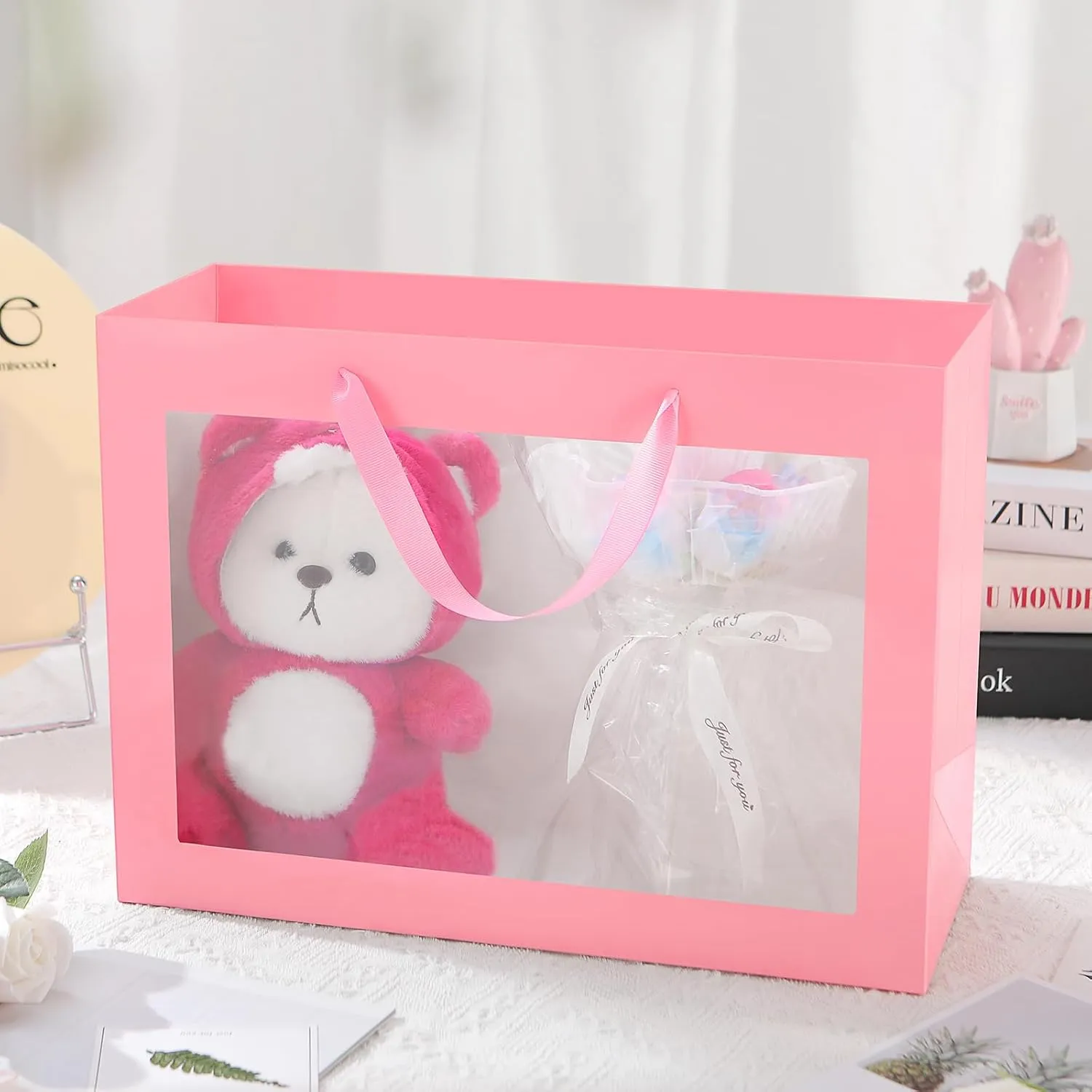 12pcs Pink Gift Bags with Transparent Window, 16x6x12 Inches Extra Large Gift Bags with Handles for Wedding Graduation Valentine's Day Mother's Day Festivals Party Present (Glossy Pink)