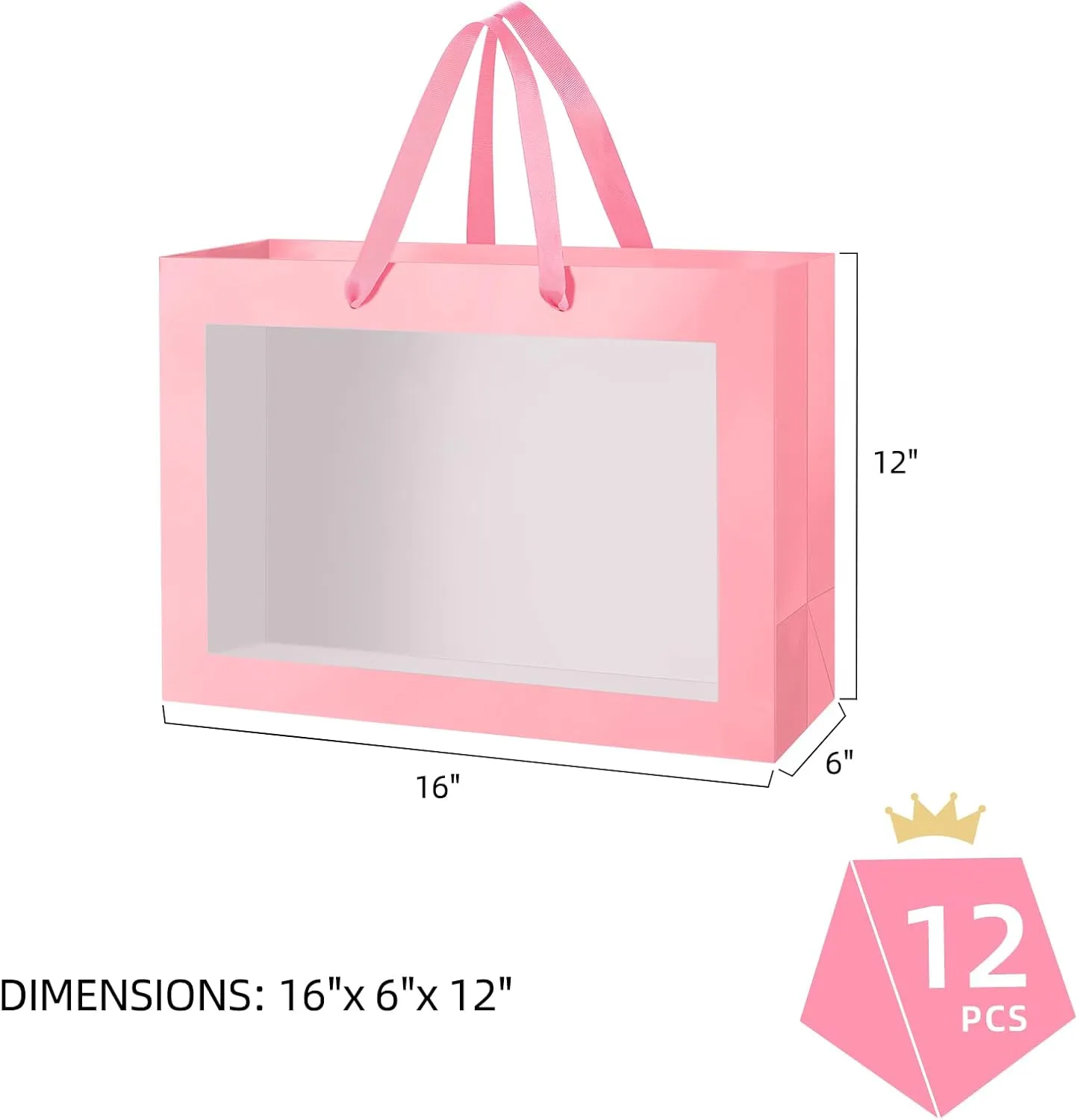 12pcs Pink Gift Bags with Transparent Window, 16x6x12 Inches Extra Large Gift Bags with Handles for Wedding Graduation Valentine's Day Mother's Day Festivals Party Present (Glossy Pink)
