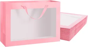 12pcs Pink Gift Bags with Transparent Window, 16x6x12 Inches Extra Large Gift Bags with Handles for Wedding Graduation Valentine's Day Mother's Day Festivals Party Present (Glossy Pink)