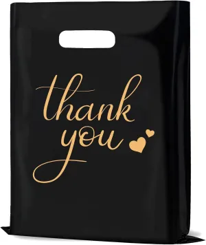 12" x 15" Thank You Bags for Business Small Shopping Bags 100Pack, 2.36Mil Extra Thick Plastic Merchandise Gifts Bag for Packaging Products, Retail Boutique for Wholesale Clothes Stores, Black