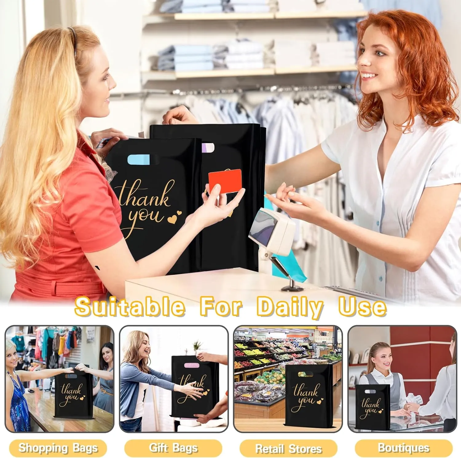 12" x 15" Thank You Bags for Business Small Shopping Bags 100Pack, 2.36Mil Extra Thick Plastic Merchandise Gifts Bag for Packaging Products, Retail Boutique for Wholesale Clothes Stores, Black