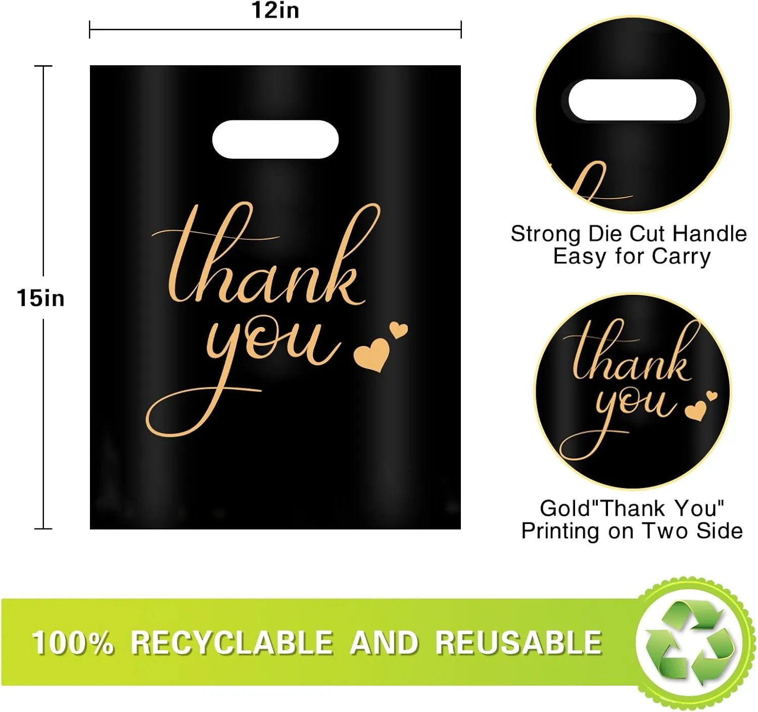 12" x 15" Thank You Bags for Business Small Shopping Bags 100Pack, 2.36Mil Extra Thick Plastic Merchandise Gifts Bag for Packaging Products, Retail Boutique for Wholesale Clothes Stores, Black