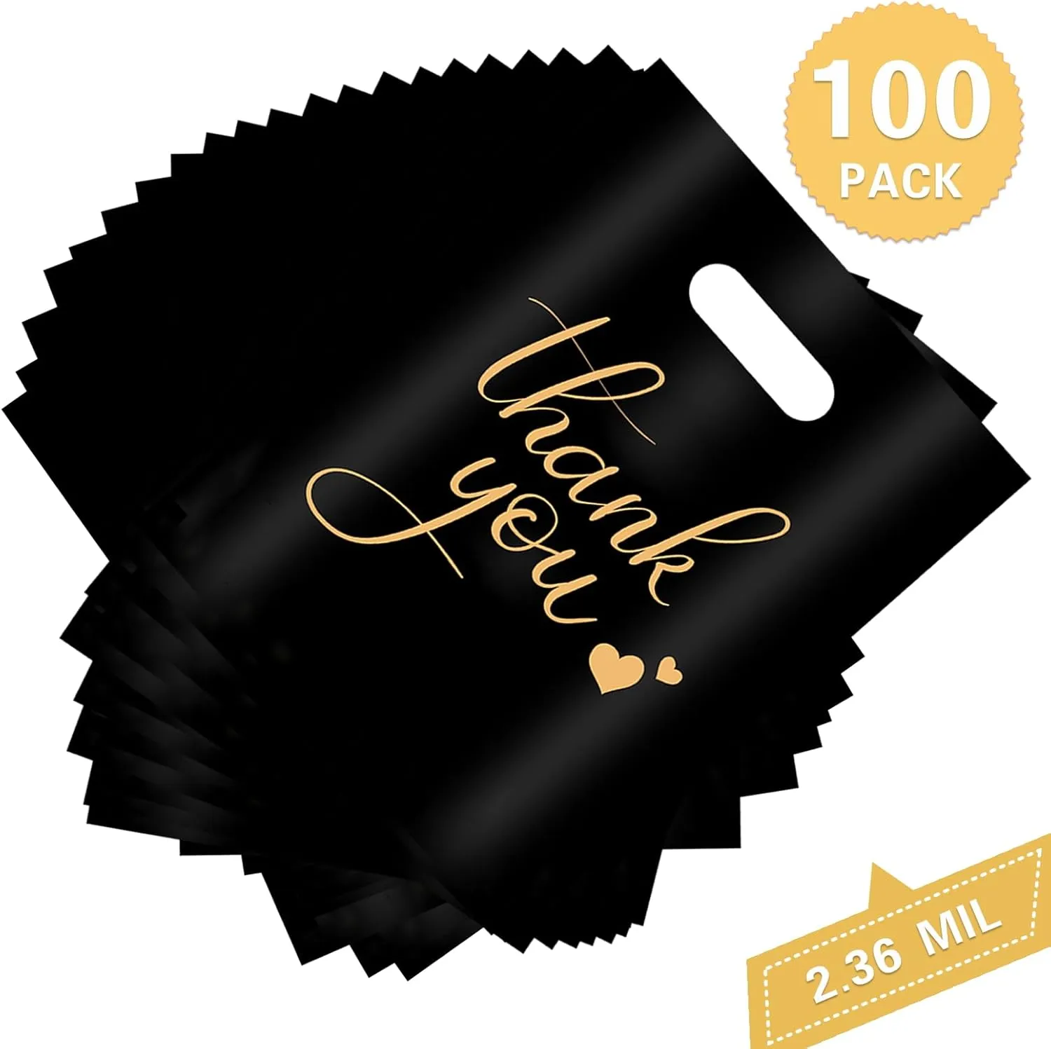12" x 15" Thank You Bags for Business Small Shopping Bags 100Pack, 2.36Mil Extra Thick Plastic Merchandise Gifts Bag for Packaging Products, Retail Boutique for Wholesale Clothes Stores, Black
