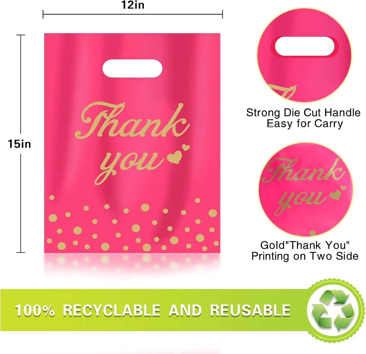 12"x15" Thank You Bags for Business Small Shopping Bags 100Pack, Extra Thick Plastic Merchandise Gifts Bag for Packaging Products, Retail Boutique for Wholesale Clothes Stores, Polka Dot, Pink