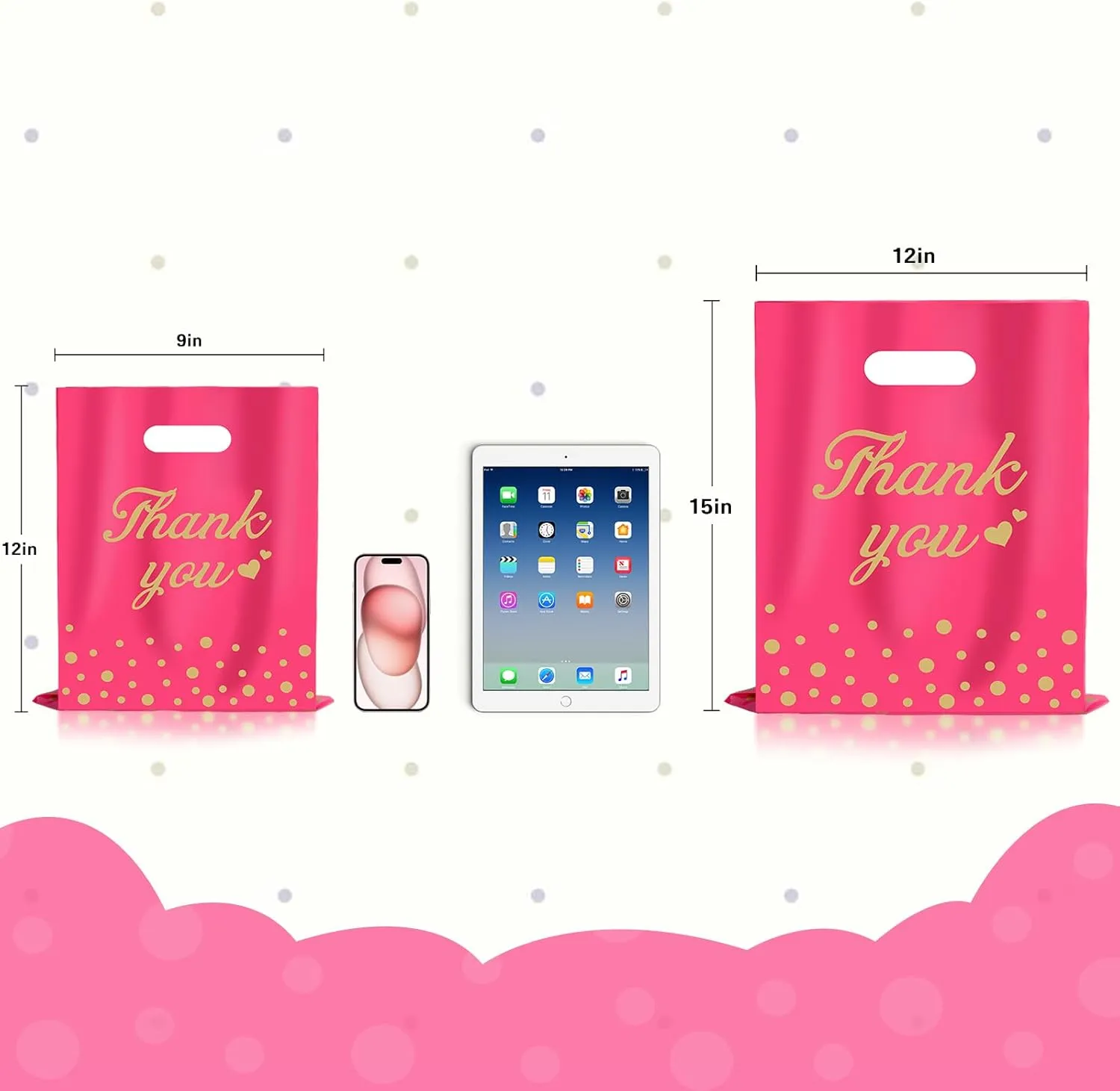 12"x15" Thank You Bags for Business Small Shopping Bags 100Pack, Extra Thick Plastic Merchandise Gifts Bag for Packaging Products, Retail Boutique for Wholesale Clothes Stores, Polka Dot, Pink