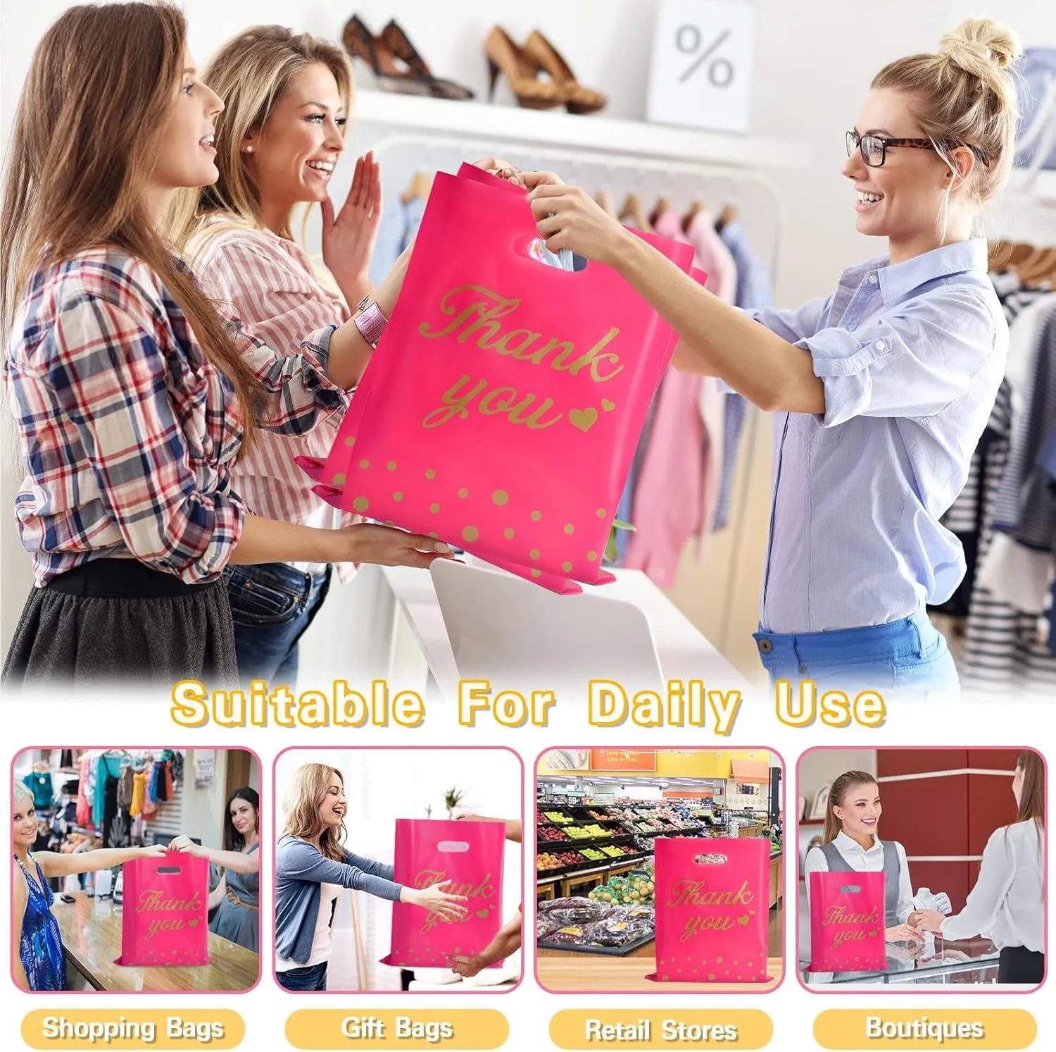 12"x15" Thank You Bags for Business Small Shopping Bags 100Pack, Extra Thick Plastic Merchandise Gifts Bag for Packaging Products, Retail Boutique for Wholesale Clothes Stores, Polka Dot, Pink