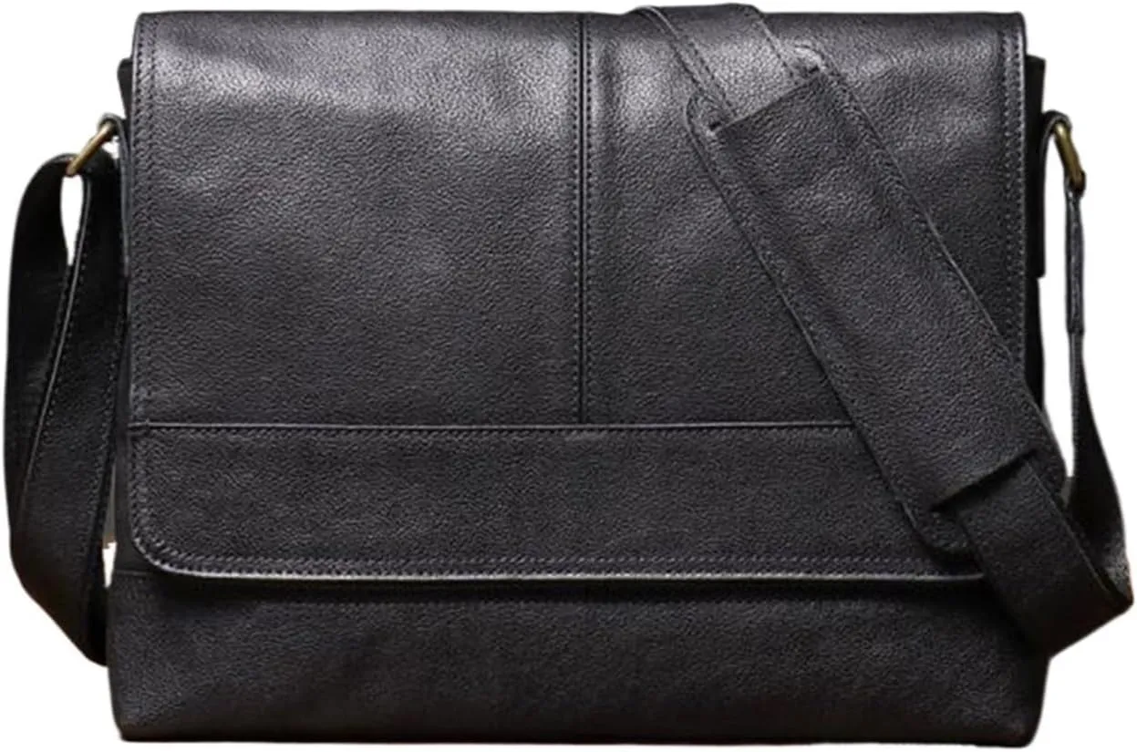 13Inch Mens Genuine Leather Shoulder Bags Messenger Bags Casual Daypacks Briefcases Laptop Bag Crossbody Bags(Black)