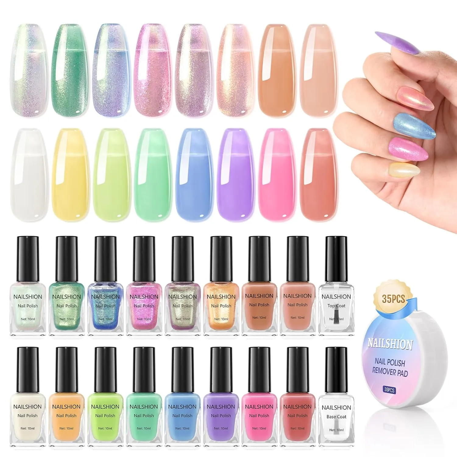16 Colors Nail Polish Set Summer Regular Jelly Nail Polish Air Dry Glitter Shimmer Nail Lacquer Bulk Holographic Toenail Polish Kit with Base Top Coat & 35Pcs Remover Pads Women Gift