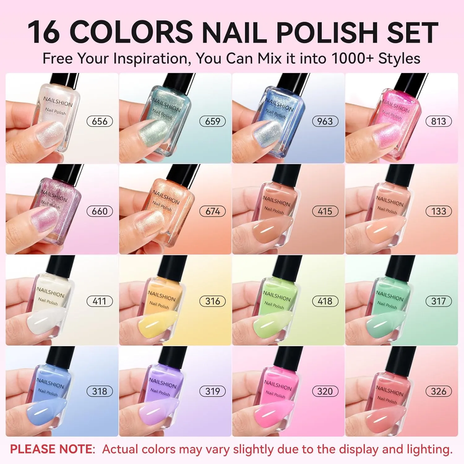 16 Colors Nail Polish Set Summer Regular Jelly Nail Polish Air Dry Glitter Shimmer Nail Lacquer Bulk Holographic Toenail Polish Kit with Base Top Coat & 35Pcs Remover Pads Women Gift