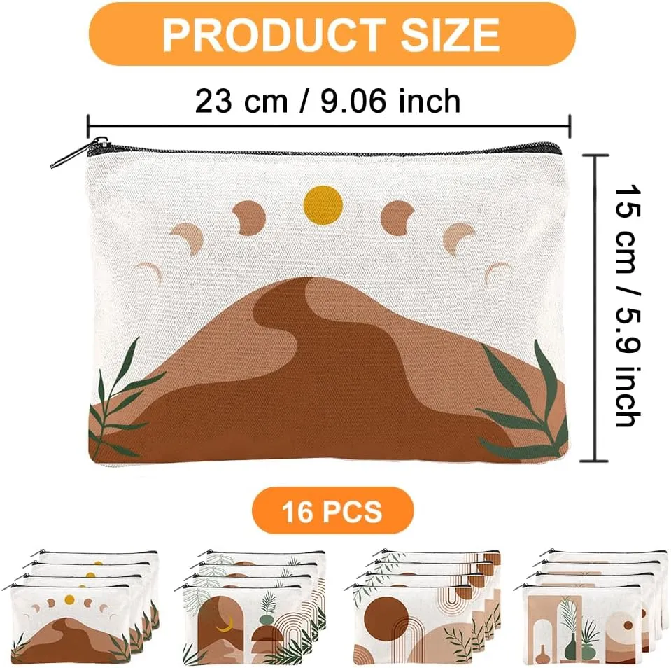 16Pcs Boho Cosmetic Bags Rainbow Retro Makeup Bags Sunshine Canvas Makeup Pouch 5.9x9.06 Inch Polyester Travel Toiletry Pouch with Zipper for Women Party Shopping