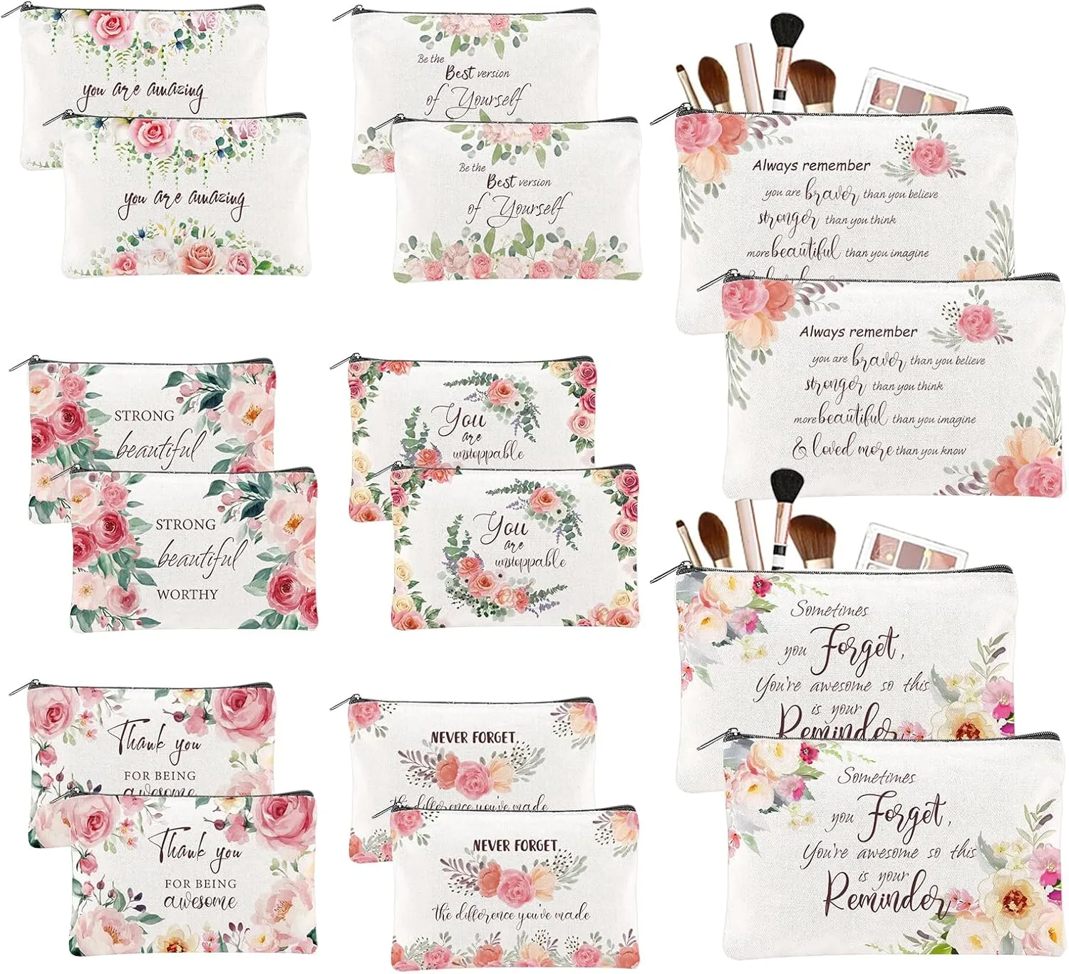 16PCS Canvas Cosmetic Bag Bulk Inspirational Quotes Makeup Bags Encouragement Travel Pouch Zipper Cosmetic Pouch Appreciation Gift for Women Teacher Friend Birthday Graduation(Flower)