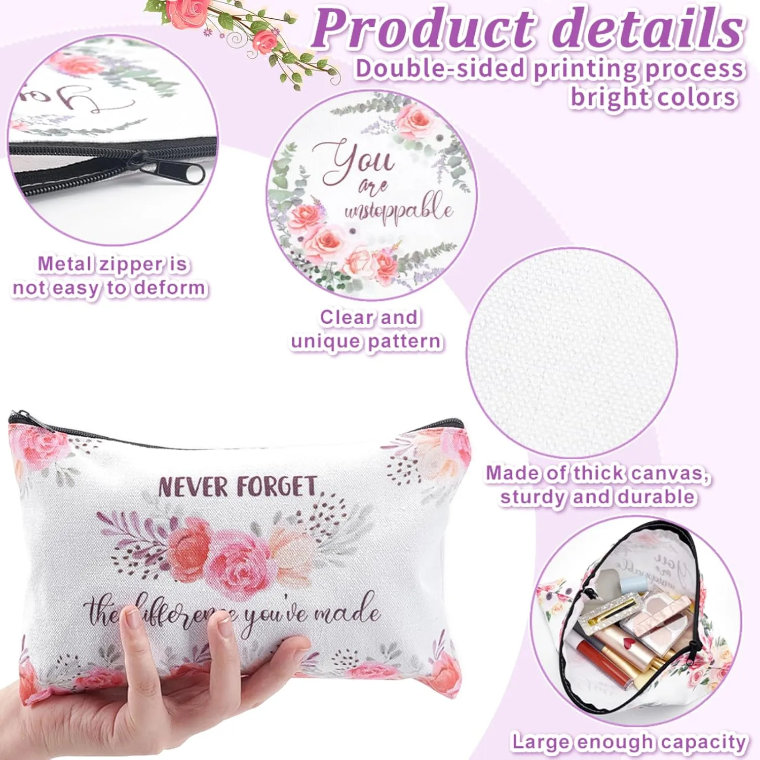 16PCS Canvas Cosmetic Bag Bulk Inspirational Quotes Makeup Bags Encouragement Travel Pouch Zipper Cosmetic Pouch Appreciation Gift for Women Teacher Friend Birthday Graduation(Flower)