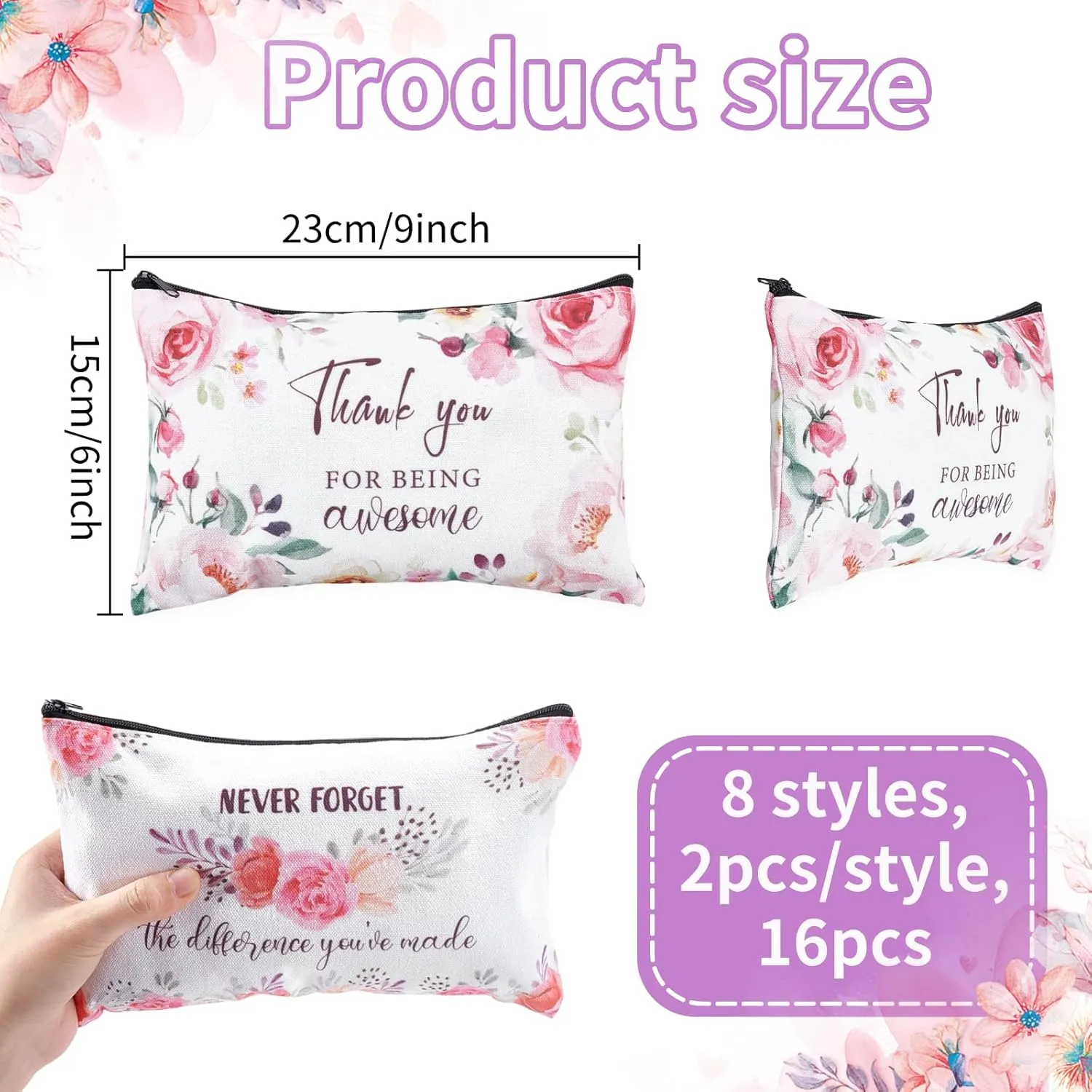 16PCS Canvas Cosmetic Bag Bulk Inspirational Quotes Makeup Bags Encouragement Travel Pouch Zipper Cosmetic Pouch Appreciation Gift for Women Teacher Friend Birthday Graduation(Flower)