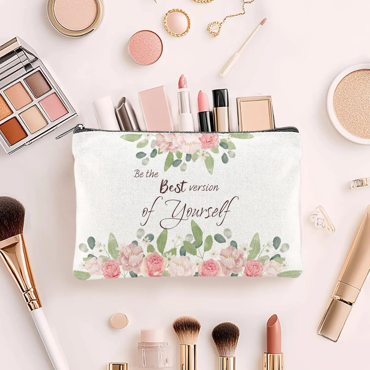 16PCS Canvas Cosmetic Bag Bulk Inspirational Quotes Makeup Bags Encouragement Travel Pouch Zipper Cosmetic Pouch Appreciation Gift for Women Teacher Friend Birthday Graduation(Flower)